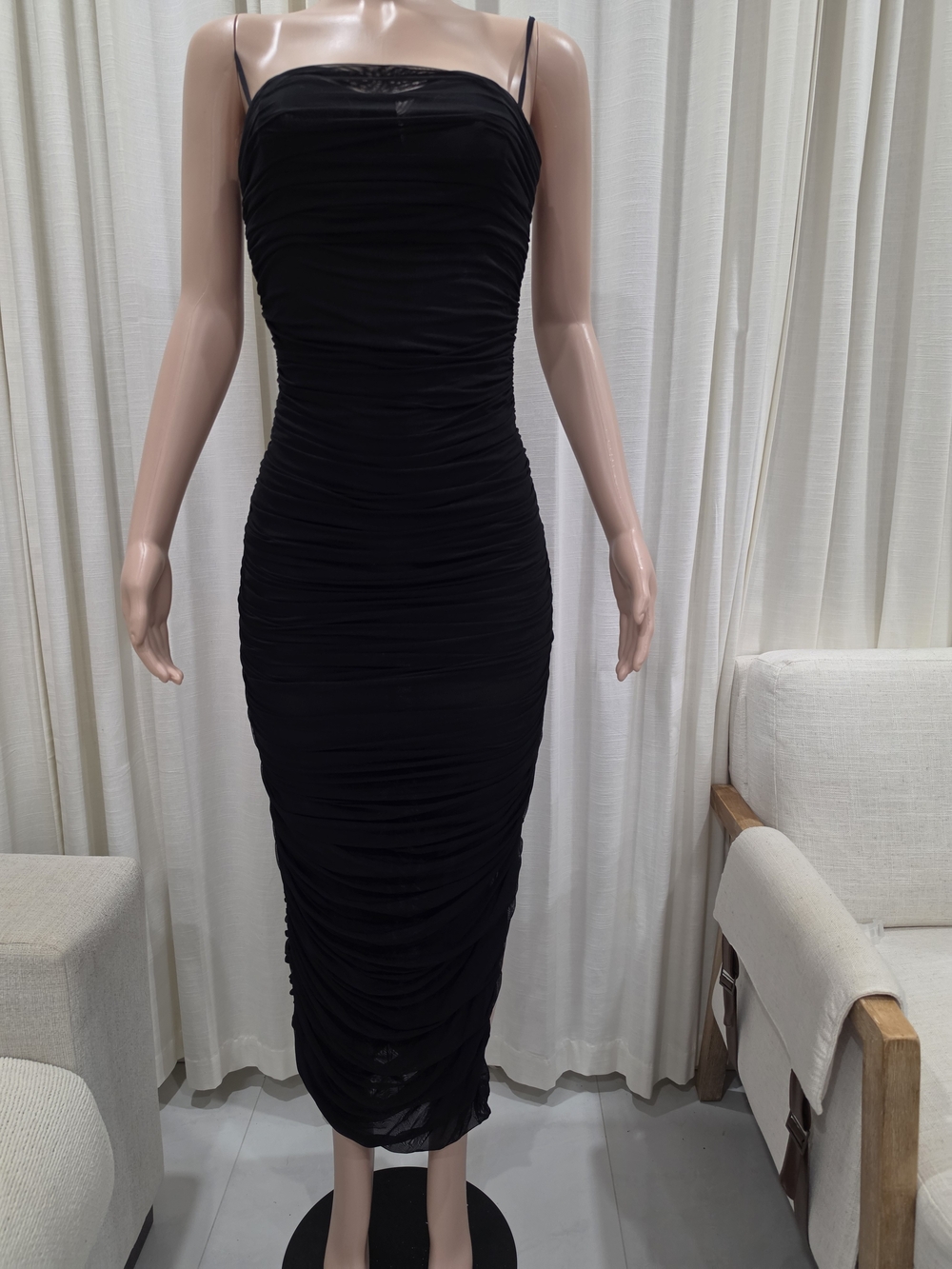 Aritzia Ten by Babaton Black Ruched Mesh Midi Dress Size 10